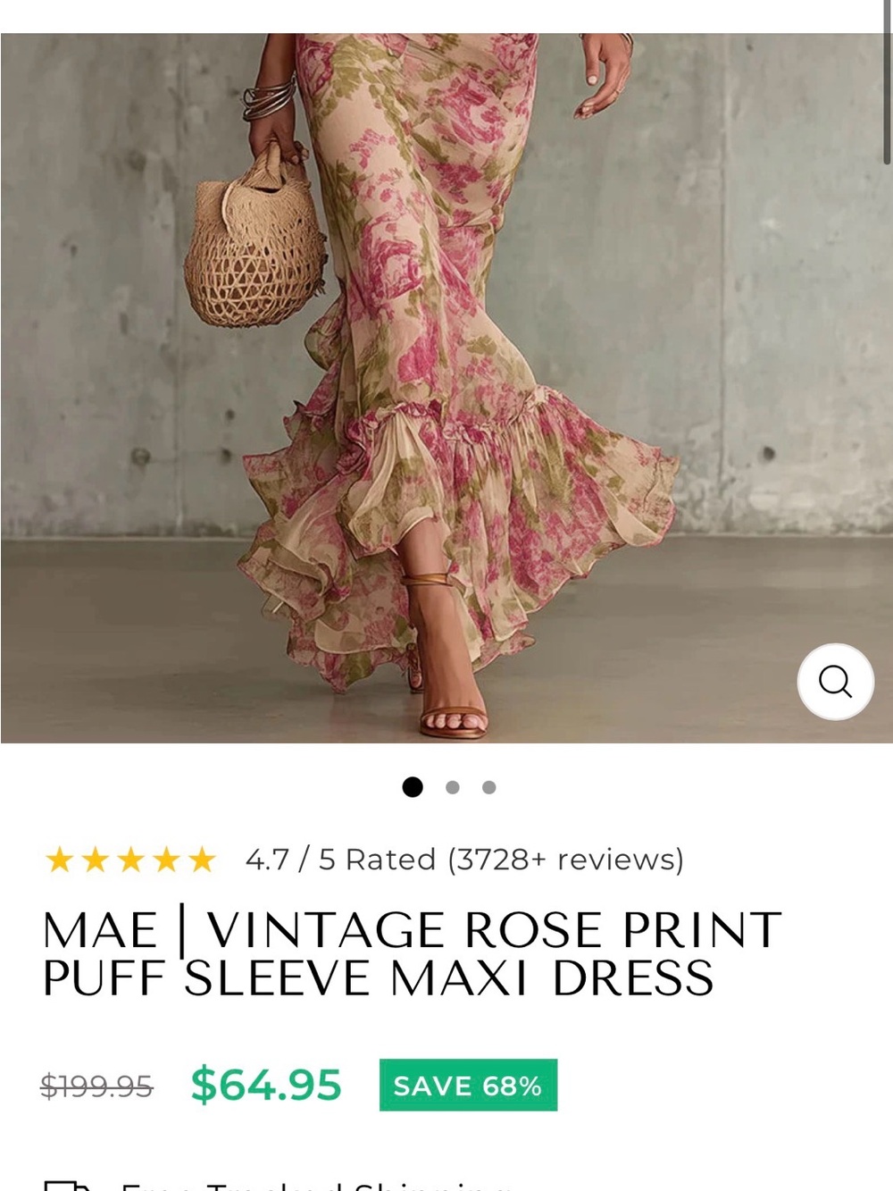 NWOT Floral Puff-Sleeve Maxi Dress in Pink and Olive - Picture 2 of 3